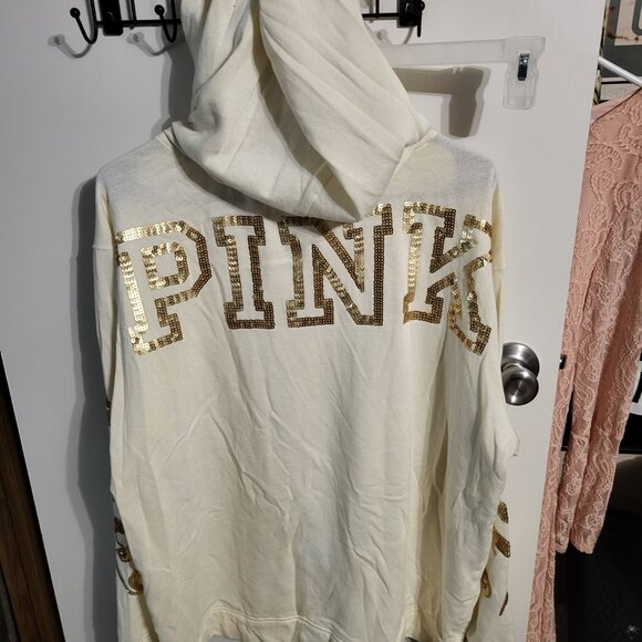 WOMANS CREAM COLORED PINK VICTORIAS SECRET GOLD SEQUIN HOODIE SZ L - Picture 3 of 6